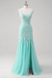 Sparkly Mint Sereia Renda Vestido Longo Baile de Formatura com Fenda