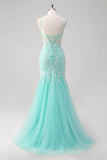 Sparkly Mint Sereia Renda Vestido Longo Baile de Formatura com Fenda