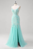 Sparkly Mint Sereia Renda Vestido Longo Baile de Formatura com Fenda