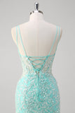 Sparkly Mint Sereia Renda Vestido Longo Baile de Formatura com Fenda