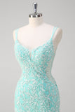 Sparkly Mint Sereia Renda Vestido Longo Baile de Formatura com Fenda