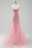 Brilhante Rosa Sereia Esparguete Correias Sequins Long Corset Prom Dress