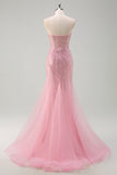 Brilhante Rosa Sereia Esparguete Correias Sequins Long Corset Prom Dress