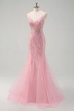 Brilhante Rosa Sereia Esparguete Correias Sequins Long Corset Prom Dress