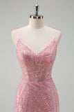 Brilhante Rosa Sereia Esparguete Correias Sequins Long Corset Prom Dress