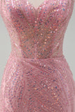 Brilhante Rosa Sereia Esparguete Correias Sequins Long Corset Prom Dress