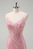 Brilhante Rosa Sereia Esparguete Correias Sequins Long Corset Prom Dress