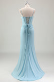 Sereia Azul Esparguete Correias Cetim Long Corset Prom Dress com Missangas