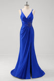 Brilhante Royal Blue Sereia Esparguete Alças Long Prom Vestido Com Fenda