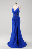 Brilhante Royal Blue Sereia Esparguete Alças Long Prom Vestido Com Fenda