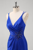 Brilhante Royal Blue Sereia Esparguete Alças Long Prom Vestido Com Fenda