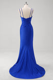 Brilhante Royal Blue Sereia Esparguete Alças Long Prom Vestido Com Fenda