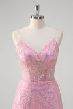 Rosa Sereia Esparguete Correias Sequin Corset Long Prom Dress