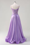 Roxo A Line Espaghetti Correias Vestido Longo Floral Baile de Formatura com Fenda