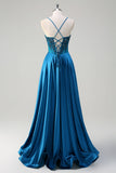 Glitter Blue Corset Espaghetti Correias Vestido Longo Baile Com Lantejoulas