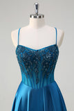 Glitter Blue Corset Espaghetti Correias Vestido Longo Baile Com Lantejoulas