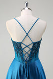 Glitter Blue Corset Espaghetti Correias Vestido Longo Baile Com Lantejoulas