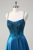 Glitter Blue Corset Espaghetti Correias Vestido Longo Baile Com Lantejoulas