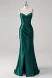 Vestido de Baile Longo, Sereia Verde Escuro Brilhante, com Missangas e Abertura