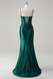 Vestido de Baile Longo, Sereia Verde Escuro Brilhante, com Missangas e Abertura