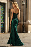 Vestido de Baile Longo, Sereia Verde Escuro Brilhante, com Missangas e Abertura