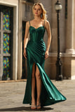 Vestido de Baile Longo, Sereia Verde Escuro Brilhante, com Missangas e Abertura