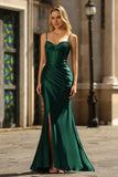 Vestido de Baile Longo, Sereia Verde Escuro Brilhante, com Missangas e Abertura
