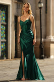 Vestido de Baile Longo, Sereia Verde Escuro Brilhante, com Missangas e Abertura