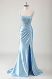 Sereia Azul Esparguete Correias Appliqued Long Prom Dress with Slit