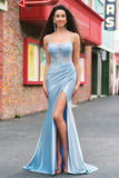 Sereia Azul Esparguete Correias Appliqued Long Prom Dress with Slit