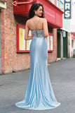 Sereia Azul Esparguete Correias Appliqued Long Prom Dress with Slit