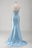 Sereia Azul Corset Espaghetti Correias Appliqued Long Prom Dress