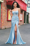 Sereia Azul Esparguete Correias Appliqued Long Prom Dress with Slit