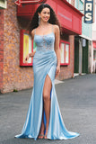 Sereia Azul Esparguete Correias Appliqued Long Prom Dress with Slit