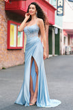 Sereia Azul Esparguete Correias Appliqued Long Prom Dress with Slit