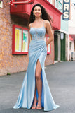 Sereia Azul Esparguete Correias Appliqued Long Prom Dress with Slit