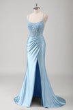 Sereia Azul Corset Espaghetti Correias Appliqued Long Prom Dress