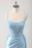 Sereia Azul Corset Espaghetti Correias Appliqued Long Prom Dress