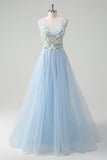 Azul claro profundo V-neck tule A-Line Long Prom Dress com flores 3D