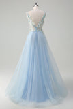 Azul claro profundo V-neck tule A-Line Long Prom Dress com flores 3D