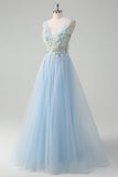 Azul claro profundo V-neck tule A-Line Long Prom Dress com flores 3D