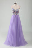 Roxo Tule A-Line Esparguete Correias Open Back Long Prom Dress com Apliques