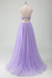 Roxo Tule A-Line Esparguete Correias Open Back Long Prom Dress com Apliques