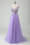 Roxo Tule A-Line Esparguete Correias Open Back Long Prom Dress com Apliques