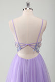 Roxo Tule A-Line Esparguete Correias Open Back Long Prom Dress com Apliques