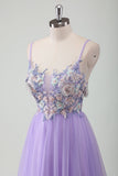 Roxo Tule A-Line Esparguete Correias Open Back Long Prom Dress com Apliques