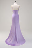 Lilás Sereia Esparguete Correias Ruched Corset Long Prom Dress With Beading