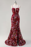 Sparkly Burgundy Sereia Long Sequin Vestido Floral Prom Vestido com Fenda