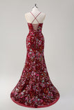 Sparkly Burgundy Sereia Long Sequin Vestido Floral Prom Vestido com Fenda