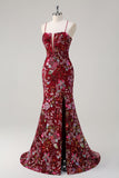 Sparkly Burgundy Sereia Long Sequin Vestido Floral Prom Vestido com Fenda